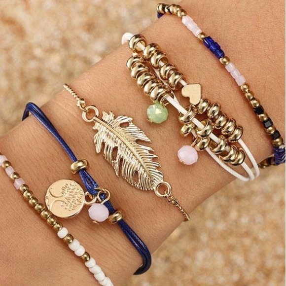 Leaf/Heart/Bead/Tree of Life Bracelets 5PC Set - Picture 5 of 8